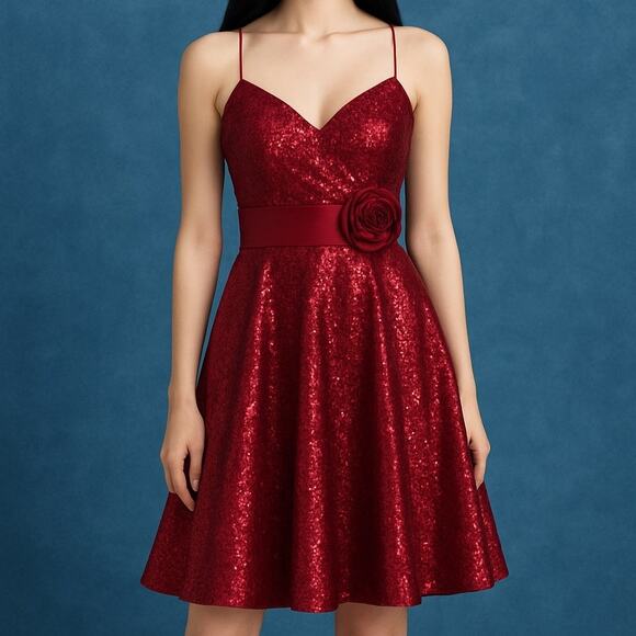 Y2K Vintage Adrianna Papell Red Short Mini Sequin Party Dress Small Formal Event - Picture 1 of 6